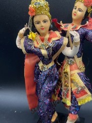 Thailand Traditional Colorful Dancing Dolls Pair Handmade Purple Wood Base 11″