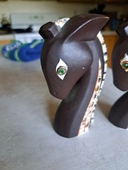 MCM Vtg SALT & PEPPER shakers Brown MOSAIC Giraffe Head JAPAN Relco Chess Piece