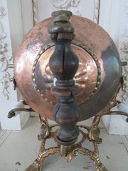 Old Copper TILTING TEA KETTLE on Ornate BRASS STAND White Porcelain Handles