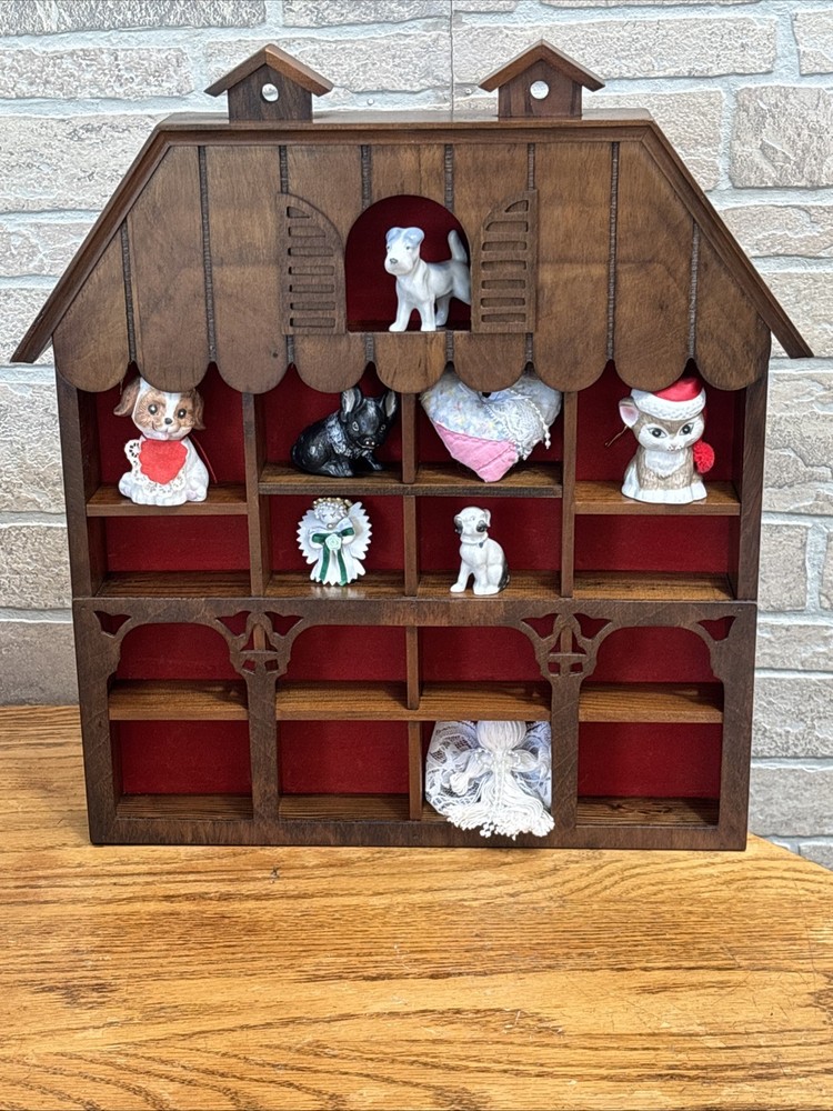 Vintage Wall Or Table Wooden House Shaped Shadowbox W/Red Backing 7 Items Total