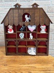 Vintage Wall Or Table Wooden House Shaped Shadowbox W/Red Backing 7 Items Total