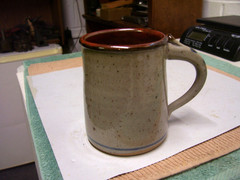 RANDOLPH, NY, BLUE AND GRAY STONEWARE COFFEE MUG, NEW YORK, SIGNED