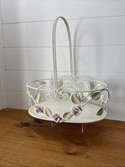 Vintage Tole Style Rose Basket Metal Shabby Chic Cottage Decor