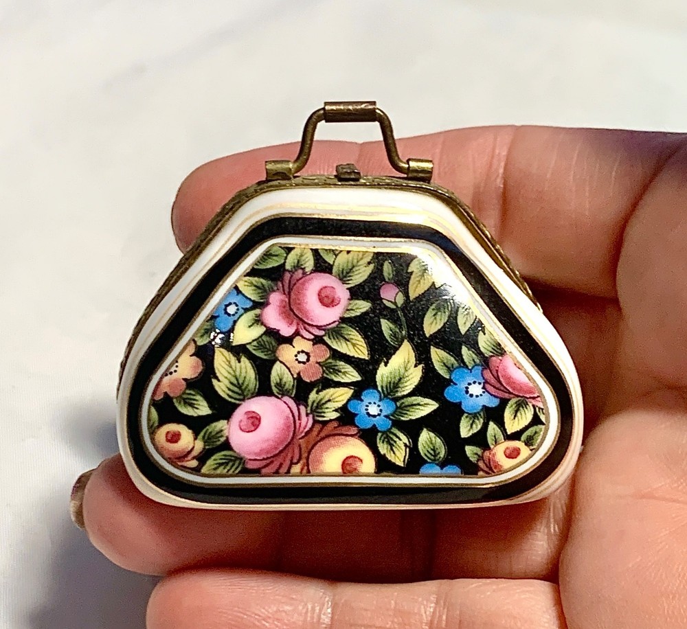 France French Limoges Floral Purse Satchel Bag Trinket Box Peint Main Limoge
