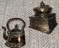 Vintage Cast Metal Wall Decor Coffee Grinder And Tea Kettle Lots Of Patina