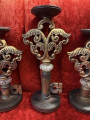 Ornate Rococo Victorian Hollywood Regency Style Gold Key Candle Holders Set Of 3