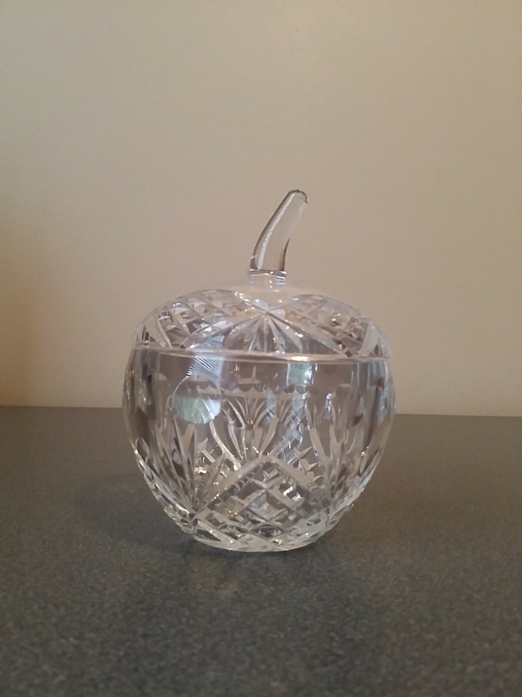 Lead Cut Crystal Apple Shaped Trinket Bowl Candy Dish Lid