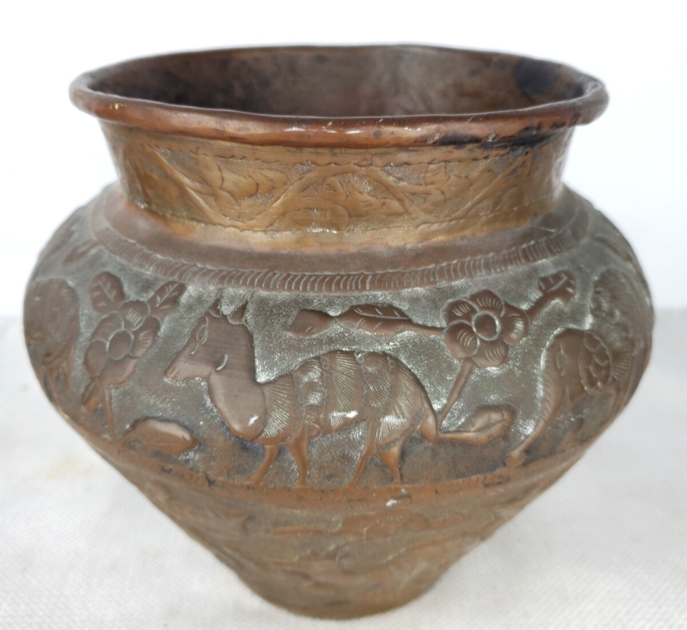 Hammered Copper Water Pot or Floral Design with Indigenous Primitive Design (61)