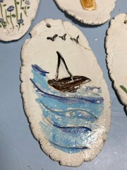 Folk Art Hanging Decorations Set of 5 Vintage Craft Fair Painted Clay Ornaments