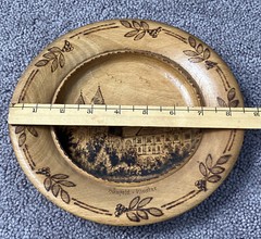 VINTAGE 8.5” PYROGRAPHY WOODEN PLATE-“HUNFELD KIOSTER” FOLK ART