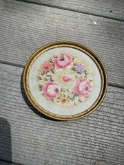 Antique Floral Needlepoint Brass Glass Footed Dish/trinket 5” Round