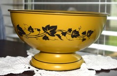 Vintage/Antique Yellow with black Painted Ivy Toleware Pedestal Bowl