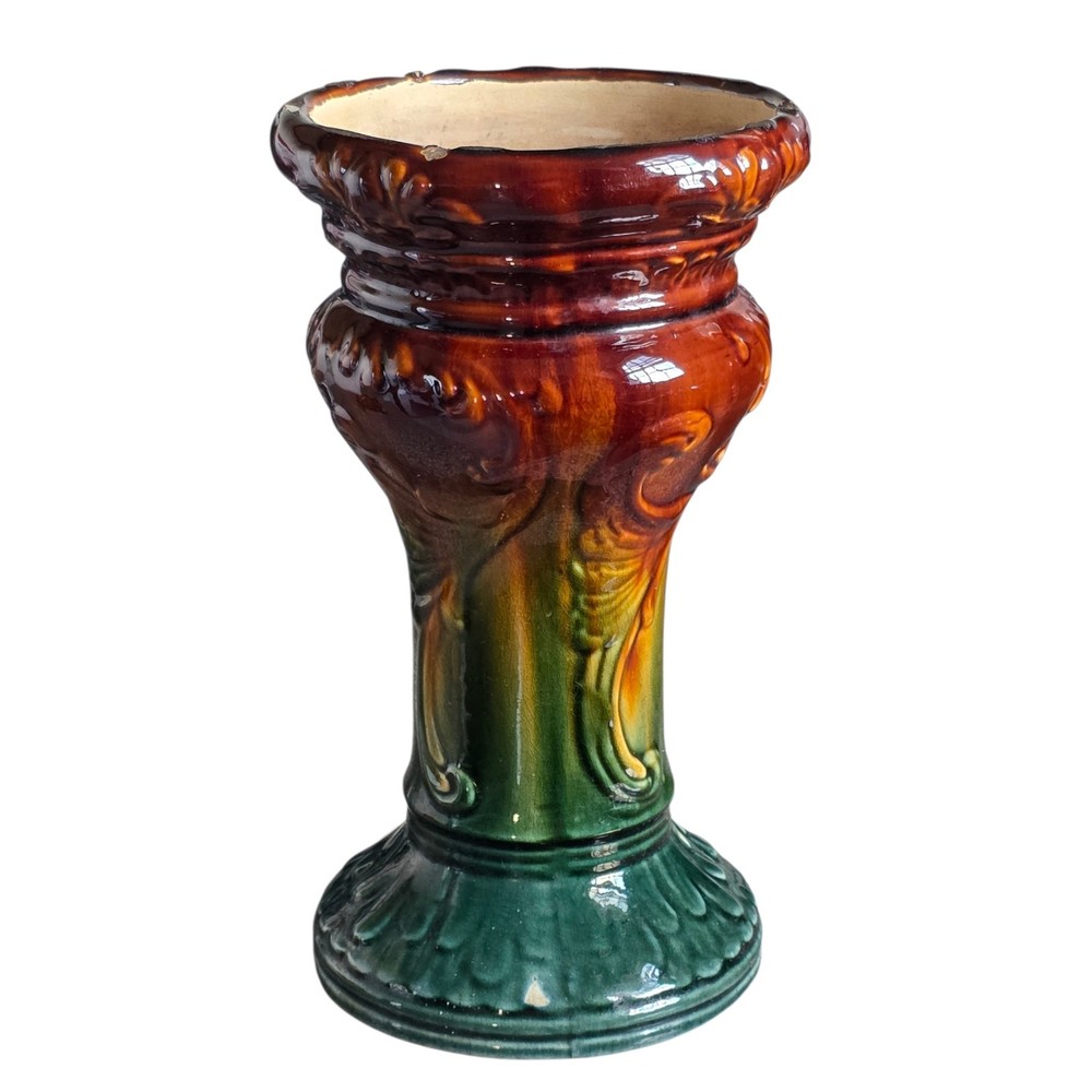 Majolica Ceramic Plant Stand Art Nouveau Pedestal Green Brown 12.5″x6.5″x6.5”