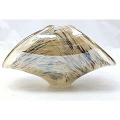 Vintage Folded Hand Blown Art Glass Centerpiece Bowl Murano Style Tan Black Grey