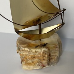 John DeMott Signed Metal Brass Sailboat Sculpture On Stone Base Decor Art Sail