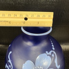 Vintage Bohemian Hand Blown Art Glass Enameled Flower Paint Vase Bowl Blue VTG