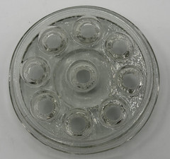 Vintage Green Uranium Glass Diamond Point Footed Dish w Clear Flower Frog Insert