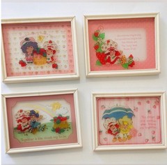 Set 4 Vintage Strawberry Shortcake Reverse Painted Glass Pictures 1980 ORIGINALS
