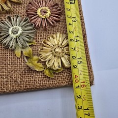 Vtg floral wall plaque raffia paper media art MCM 1970’s Burlap Flowers Decor