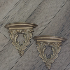 VTG Gold Sconces Wood French Style Heavy Plates Candles Decorative Items Indoor