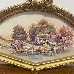 Vintage Homco Fan Shape Gold Bow Framed Picture Autumn Harvest Cottage