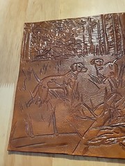 Hunting Dogs Pheasants Wood Scene Hand Unframed 8.5×11.5 Leather Tooled Art