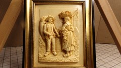 Vintage French Floralix Detailed Relief Framed Wall Decor Man & Woman w/ Baskets