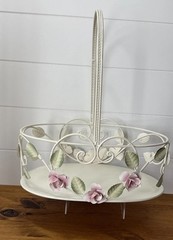 Vintage Tole Style Rose Basket Metal Shabby Chic Cottage Decor