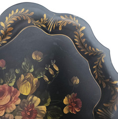 Vtg Hand Painted Toleware Tole Tray Floral Scalloped Rolled Edges XL-25″ x 19.75