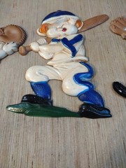 1970 SEXTON 3 BASEBALL PLAYERS CAST METAL WALL HANGINGS Catcher Batter Pitcher