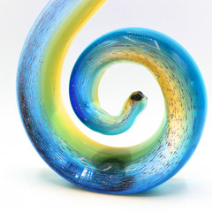 Vintage Murano Style Art Glass Sculpture Blue Amber Abstract Swirl Wave Design