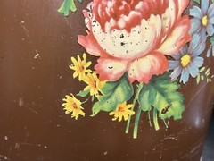 VTG Hand Painted CANCO Toleware Metal Trashcan / Can Floral Roses Brown 13”