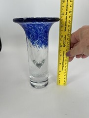 1980s Polish Art Glass Vase White Cobalt Blue Spots Vase Made In Poland Vintage