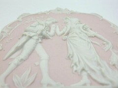 SET OF 2 ANTIQUE STYLE HIGH RELIEF BISQUE PORCELAIN PLAQUES OF COURTING COUPLE