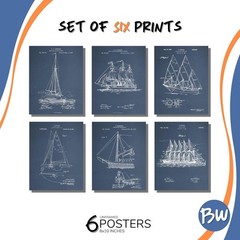 Nautical Wall Decor For Home, Sailboat Wall Art, Set of 6 Vintage Navy Blue P…