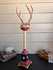 Baroque Curiosity Cabinet Vintage Trophy Antlers W Gilded Column & Specimen Gems