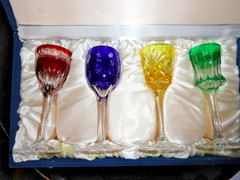 Faberge Na Zdorovye Crystal Colored Cordial Glasses 5 3/4″ H x 2″ at rim NIB