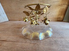 Flamingo Crystal Pedestal Bowl Dish 24KT Gold Gilt Holland Vintage Tole Roses