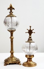 Pair of Hollywood Regency Cut Crystal Sphere Brass Finial Decor 17″ & 12″