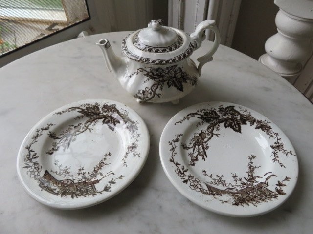 2 Vintage WHITE BROWN Transferware PLATES & TEAPOT Birds & Branches CRAZING