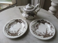 2 Vintage WHITE BROWN Transferware PLATES & TEAPOT Birds & Branches CRAZING