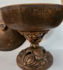 Vintage Footed Wood / Resin ? Candy Trinket Dish Etched Carved Floral w/ Lid