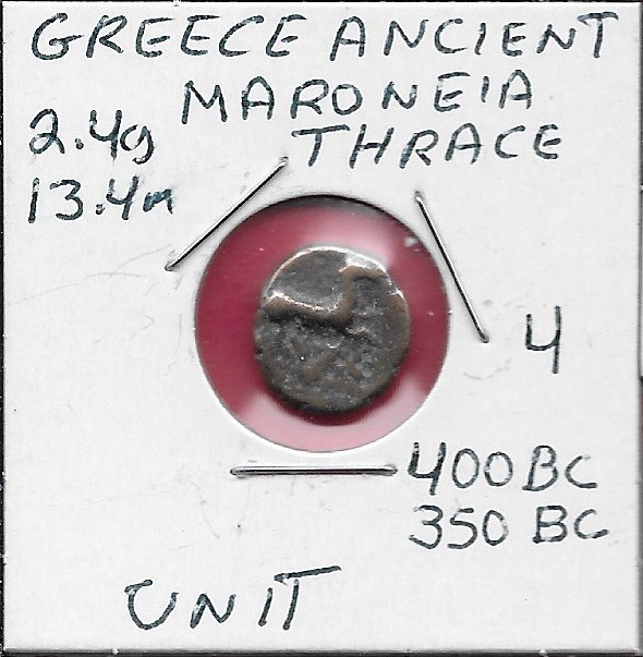 GREECE ANCIENT,MARONEIA,THRACE 1 UNIT(400-350 BCE),HORSE PRANCING,GREEK WRITING,