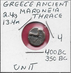 GREECE ANCIENT,MARONEIA,THRACE 1 UNIT(400-350 BCE),HORSE PRANCING,GREEK WRITING,