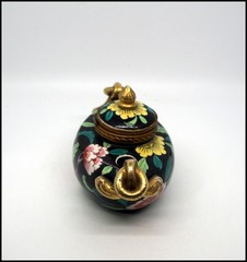 Aladin France Porcelain Art Deco Inkwell Chinoiserie Bird Floral Gilt Hinged Lid