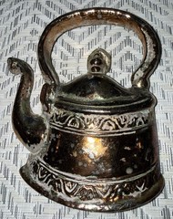 Vintage Cast Metal Wall Decor Coffee Grinder And Tea Kettle Lots Of Patina