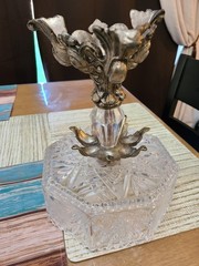 American Brilliant Cut Crystal Compote Bowl Brass Pedestal VTG Mid-Century