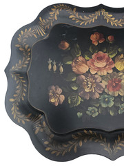 Vtg Hand Painted Toleware Tole Tray Floral Scalloped Rolled Edges XL-25″ x 19.75