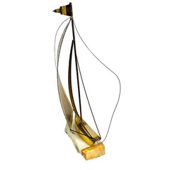 Vintage Signed John De Mott Brass Copper Sailboat Sculpture on Onyx Base 17×10