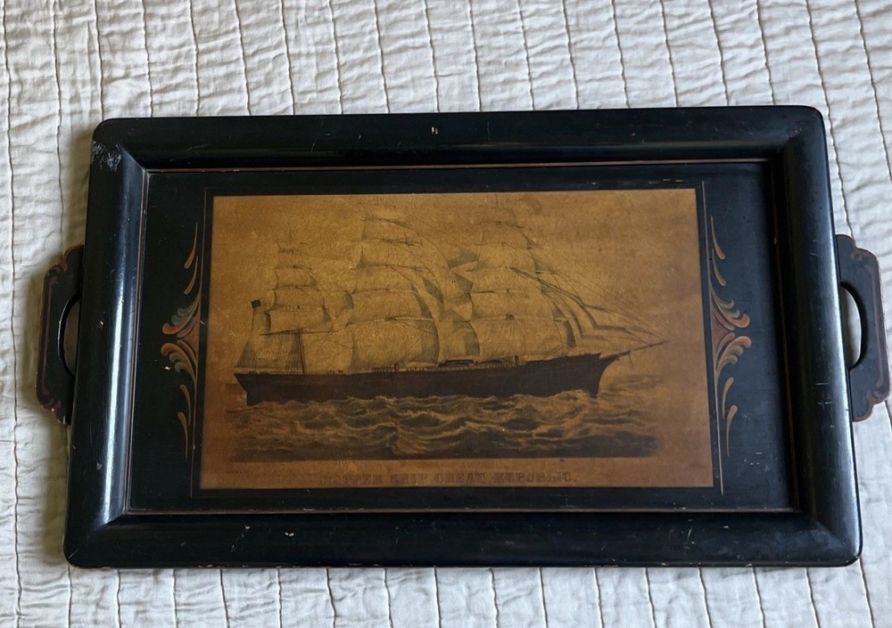 Very Old Wood Tray By Cross London Great Republic Ship Made In Rochester Ny USA